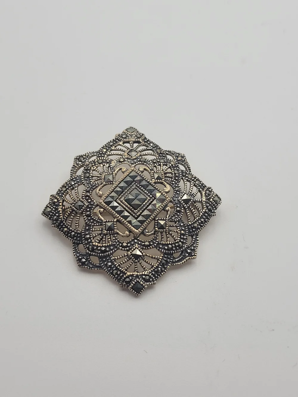 VTG STERLING SILVER PIN BROOCH OPEN WORK WITH MARCASITES BEAUTIFUL